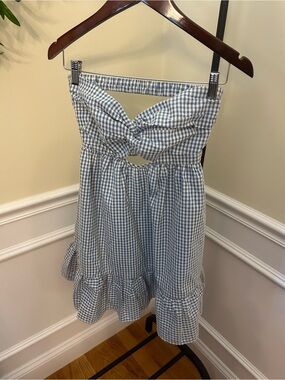 Cotton Candy LA Strapless Blue & White Gingham Dress with Front Twist